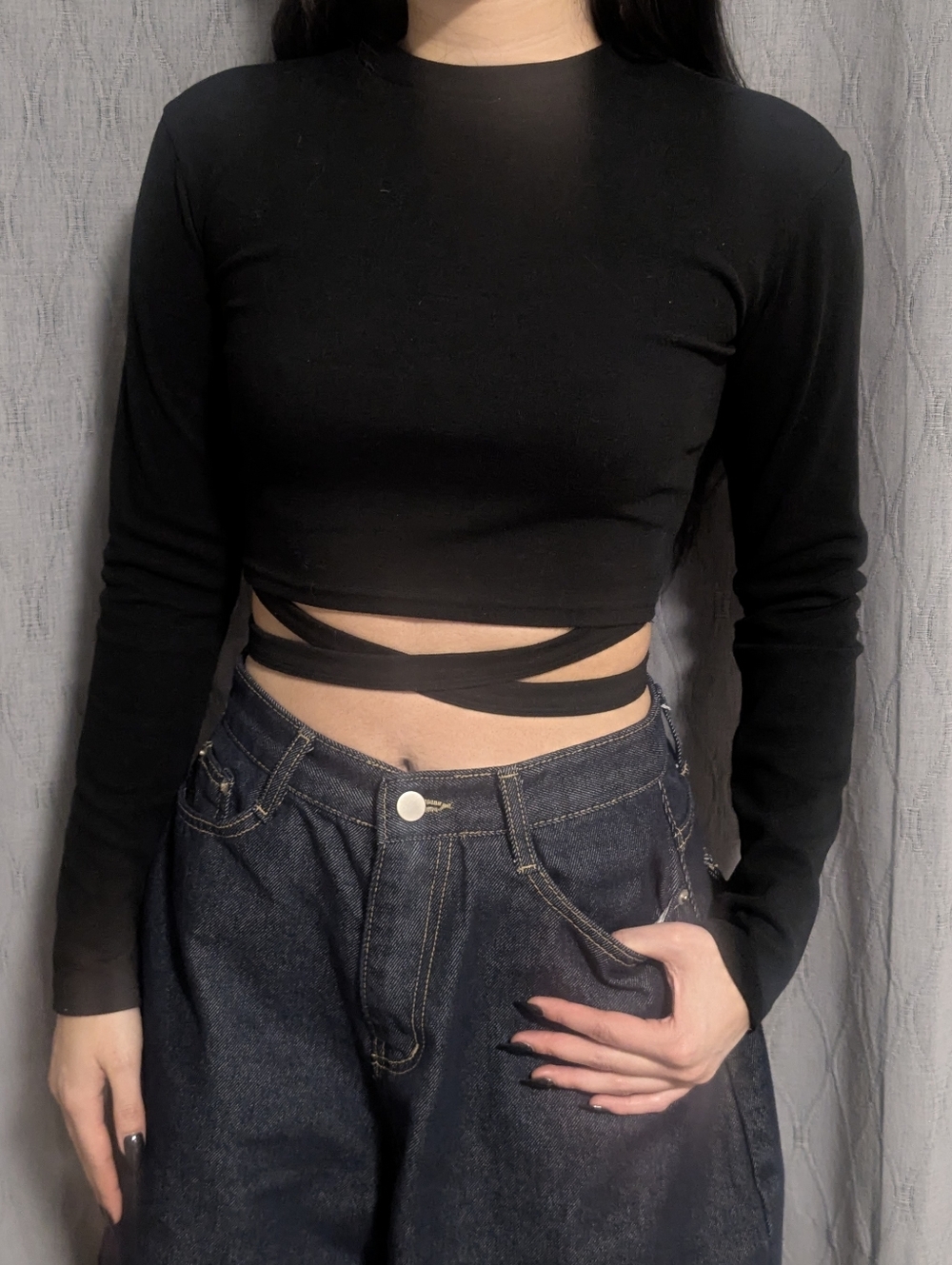 Black Long-Sleeve Wrap Crop Top